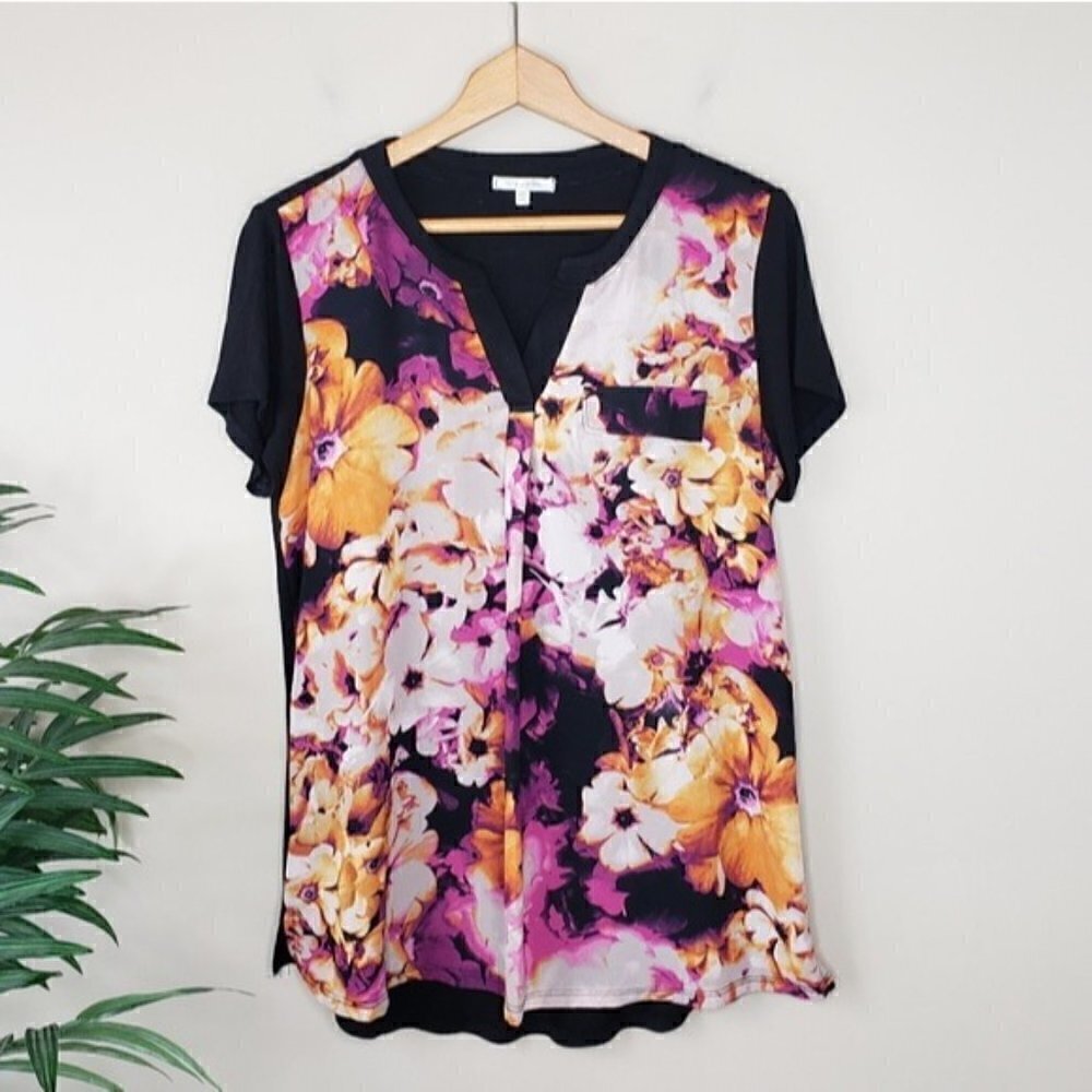 Ava James Floral Mixed Material Top Size Medium